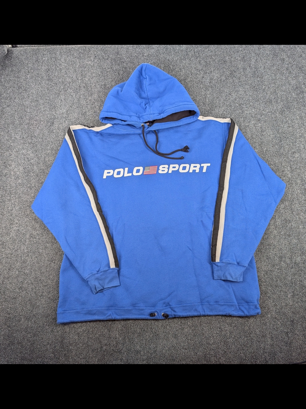 Vintage Polo Sport Ralph Lauren Hoodie Blue Large 90s Striped Sleeve USA Made